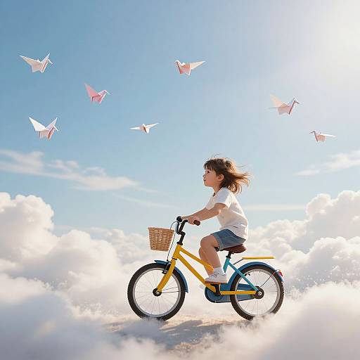 Photograph of a young Asian girl with brown hair, wearing a white shirt and denim shorts, riding a yellow bicycle amidst floating paper cranes, set
