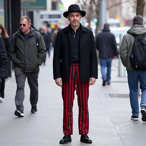 Photograph of a middle-aged man with gray beard, black hat, black jacket, and red striped pants, standing on a busy city sidewalk. Bl