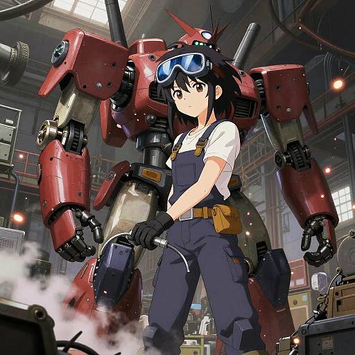 Anime-style digital drawing of a young woman with black hair and goggles, wearing a white shirt and blue overalls, standing beside a large red mecha