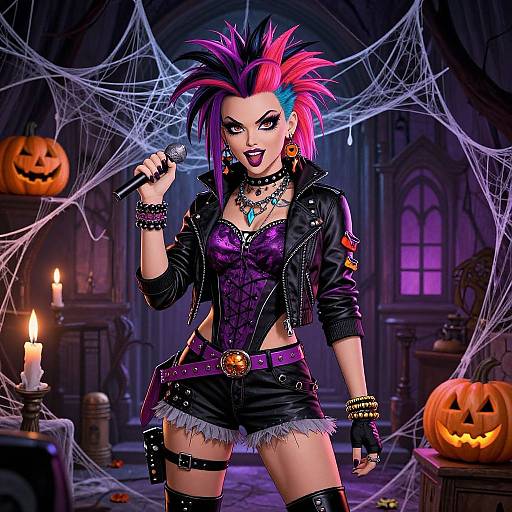 Digital illustration of a punk-rock, pink-and-purple mohawked woman in a black leather jacket, purple corset, and frayed shorts, holding
