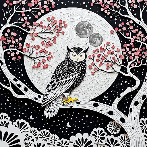Paper Cutout Owl and Cherry Blossoms Under Moonlight