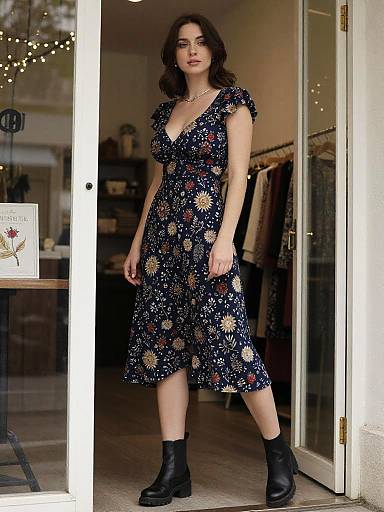 Photograph of a confident, dark-haired woman in a navy, floral-patterned, V-neck dress and black ankle boots, standing in a brightly lit
