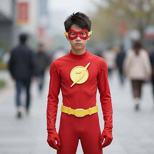 Photograph of a young Asian boy with short black hair, wearing a red superhero costume with yellow lightning bolt, mask, and belt, standing on a
