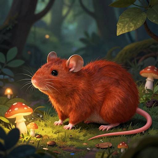 Digital artwork of a vibrant red, fluffy mouse with large ears and pink tail, sitting on glowing mushrooms in a dark, enchanted forest.