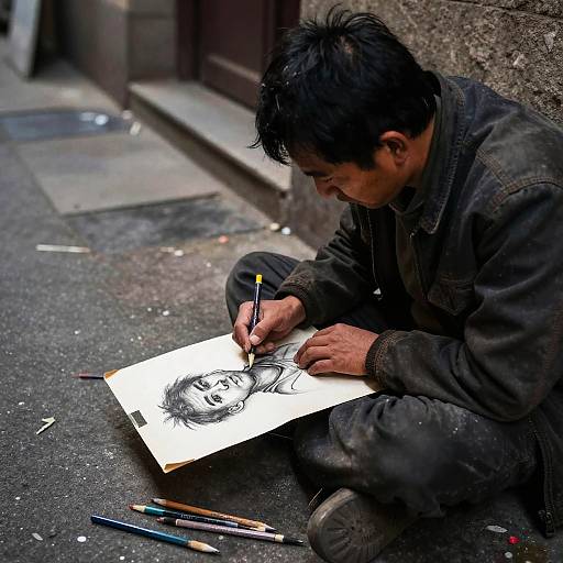 Homeless Artist Sketching in Alley