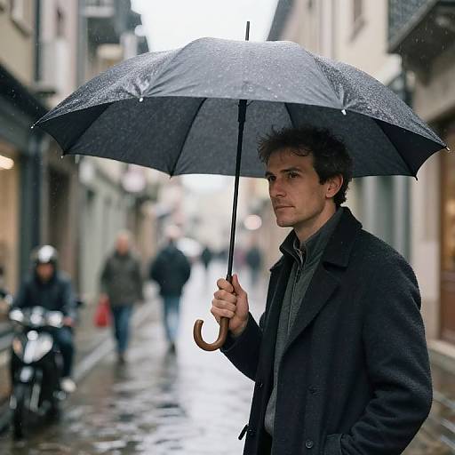 Photograph of a young man with short curly hair, holding a black umbrella in a rainy urban street, wearing a dark coat and scarf, with blurred