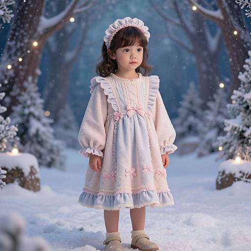 Photograph of a young Asian girl with dark hair, wearing a white frilled dress, pink floral embroidery, and headband, standing in a snowy