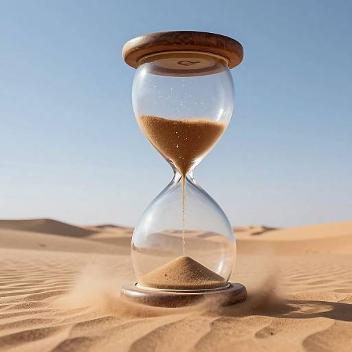 Photograph of a glass hourglass on sandy desert terrain, with clear blue sky background; sand trickling down, casting shadows.