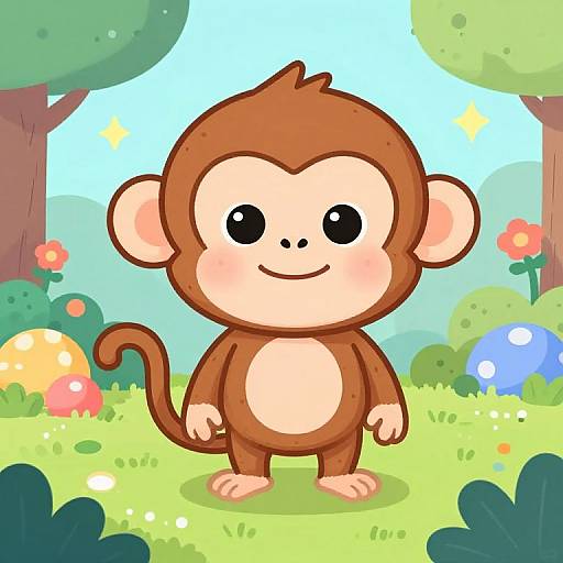Cute cartoon monkey with brown fur, beige face, and big black eyes standing in a colorful, sunny forest with flowers and mushrooms.