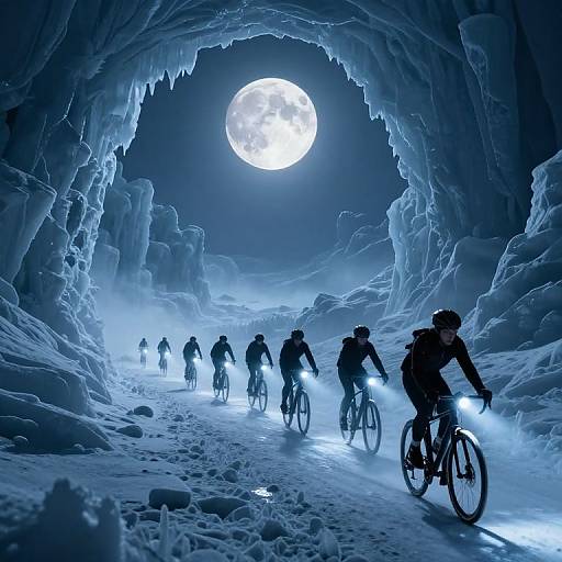 Cyclists in Bioluminescent Ice Tunnel
