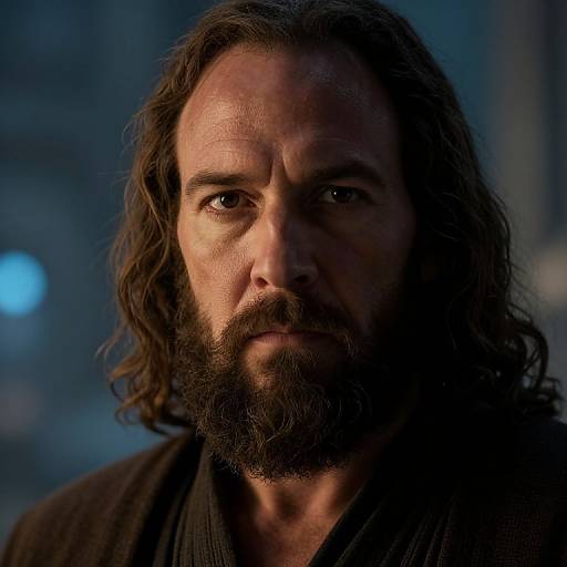 Photograph of a rugged, middle-aged man with long, wavy brown hair, full beard, intense gaze, and dimly lit blue background.