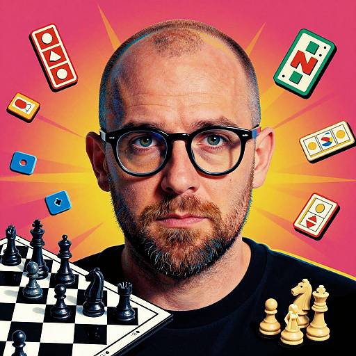 Photograph of bald, bearded man with glasses, serious expression, black shirt, surrounded by floating chess pieces on vibrant pink-yellow background.