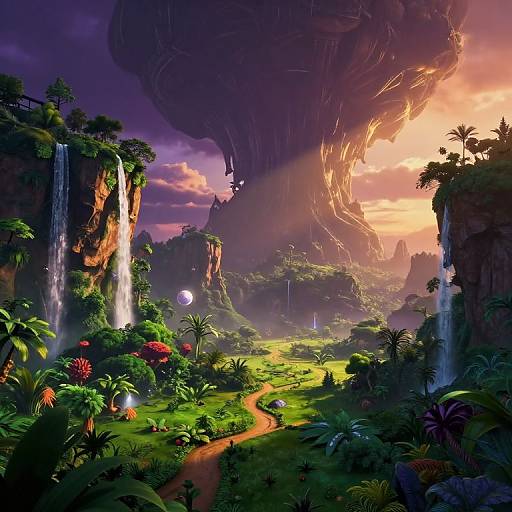 Fantasy CGI landscape with vibrant greenery, towering waterfalls, glowing orbs, and a colossal floating structure at sunset. Lush, colorful jungle path