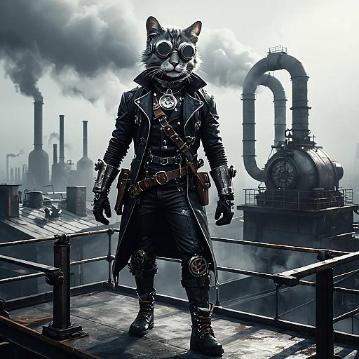 Steampunk Anthropomorphic Cat on Industrial Rooftop