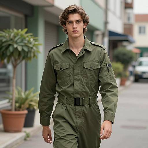 Young Man in Olive Green Military-Style Jumpsuit
