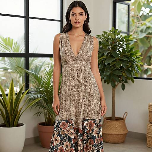 Elegant Female Model in Patterned Dress