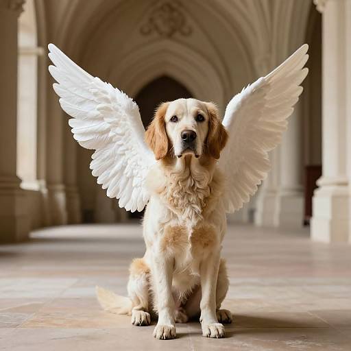 Photograph of a golden retriever with white angel wings, sitting in a grand, arched cathedral hallway, sunlight filtering through.