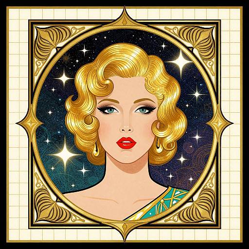 Digital illustration of a glamorous blonde woman with red lips, blue eyes, and curled hair, framed in an ornate gold circular design against a starry