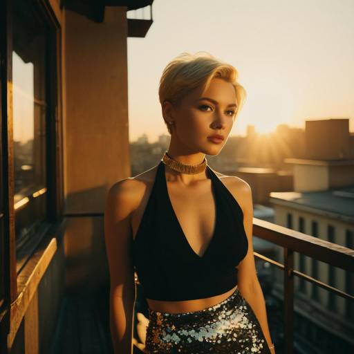 Woman with Platinum Blonde Pixie Cut on Rooftop at Dusk