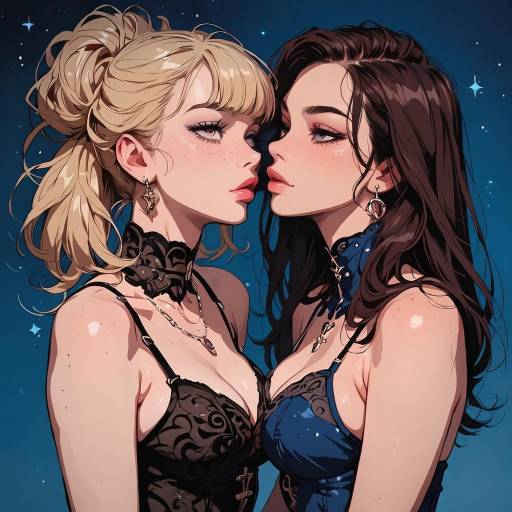 Photograph of two women, one brunette and one blonde, wearing black lace lingerie and chokers, taking a mirror selfie in a bedroom. Both have