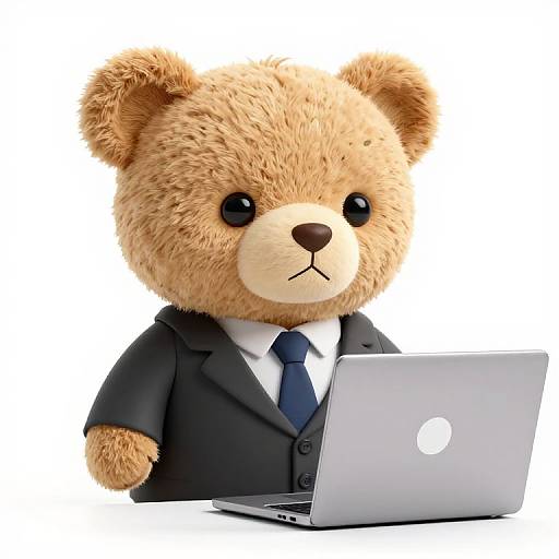 Photorealistic CGI of a cute, brown teddy bear in a black suit and blue tie, using a silver MacBook laptop.