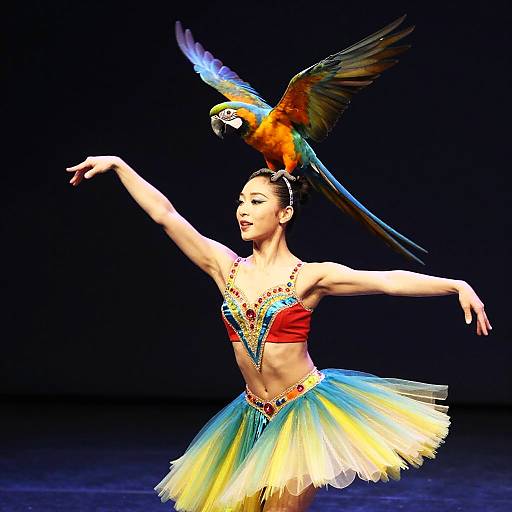 Ballet dancer with colorful parrot on head