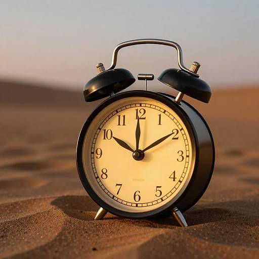 Photograph of a black, twin-bell alarm clock with a glowing yellow face, standing on sandy desert ground at sunset.
