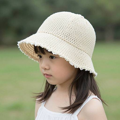 Photograph of an Asian girl with straight black hair, wearing a white, crocheted sun hat and white tank top, standing in a green,