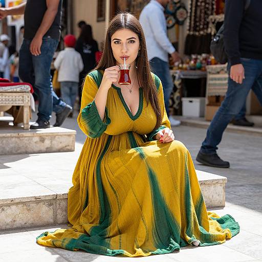 Photograph of a dark-haired woman in a yellow and green traditional dress, sitting on stone steps, sipping from a red cup, in a bustling
