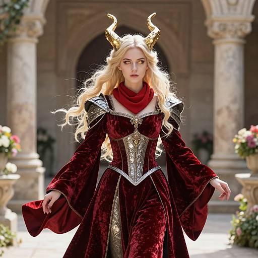 Photograph of a blonde woman with golden horns, wearing a red velvet dress with silver embroidery, a red scarf, and flowing sleeves, standing in a