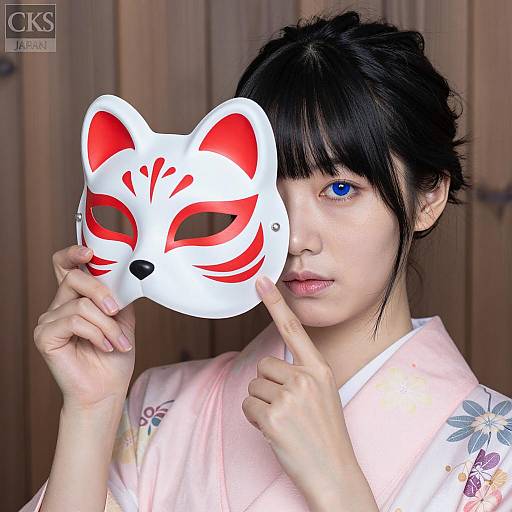 Asian Woman with Fox Mask and Pink Kimono