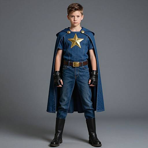 Photograph of a young boy in a blue superhero costume with a star emblem, denim outfit, black gloves, and boots, standing against a gray background