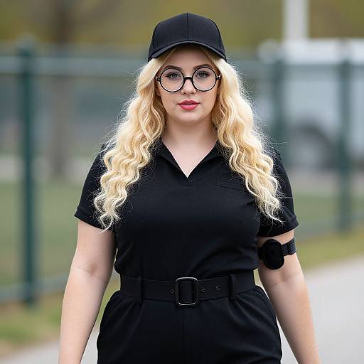 Photograph of a fair-skinned woman with long blonde hair, wearing black glasses, black cap, black dress, and belt, standing outdoors.