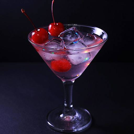 Photograph of a clear martini glass with ice cubes, two bright red cherries on a dark background, illuminated by colorful lights.