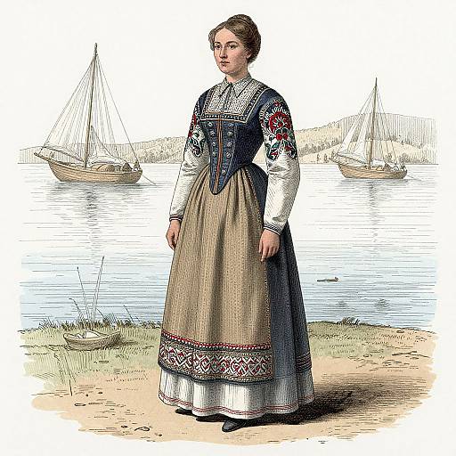 Illustration of a young woman in a traditional 19th-century European dress with embroidered sleeves, standing by a lakeside with sailing boats.