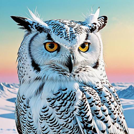 Detailed Snowy Owl Portrait with Pastel Sky