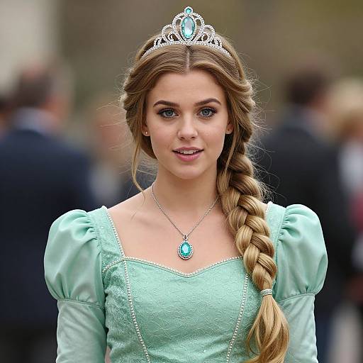 Photograph of a young woman with long blonde braid, wearing a light turquoise princess dress, silver tiara, and blue pendant, standing in a