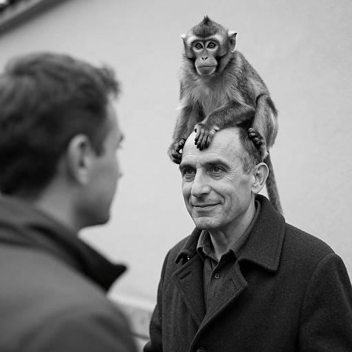 Man with Monkey on Head in Black and White