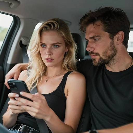Couple with Serious Expressions in Car Interior