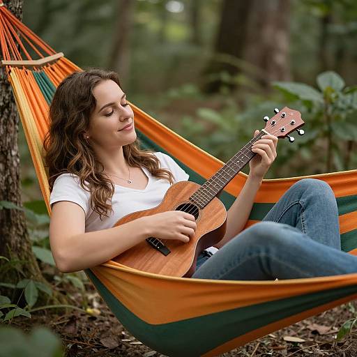 Photograph of a young woman with wavy brown hair, wearing a white t-shirt and blue jeans, playing an acoustic guitar in an orange and green