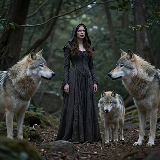 Photograph of a dark-haired woman in a black Victorian dress standing in a forest, flanked by three wolves with alert expressions.