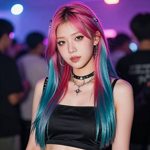 Photograph of a young Asian woman with pink and blue dyed hair, black crop top, piercings, choker, and hoop earrings,