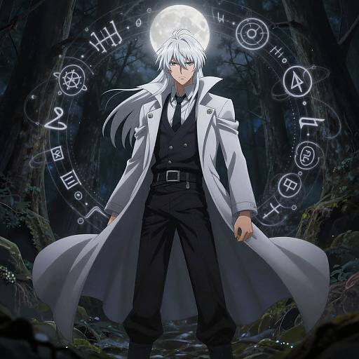 Anime-style digital artwork of a white-haired man in a long white coat, black vest, and tie, standing in a dark forest with mystical symbols glowing
