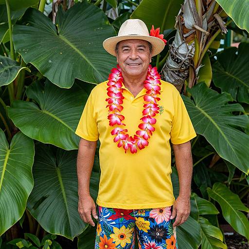 Smiling Man in Vibrant Tropical Outfit