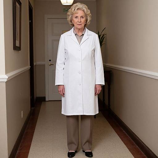 Photograph of an elderly white woman with short gray hair, wearing a white lab coat, gray pants, and black shoes, standing in a beige hallway