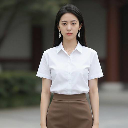 Photograph of an East Asian woman with long black hair, wearing a white short-sleeve blouse, brown skirt, and large dangling earrings, standing