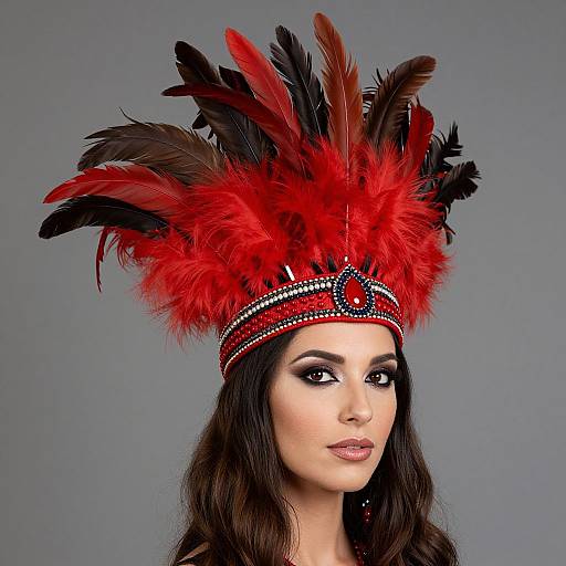 Woman in Vibrant Red Feather Headdress