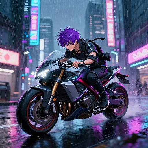 Digital anime-style drawing of a purple-haired, blue-eyed male cyclist in black gear, riding a sleek black motorcycle through a neon-lit, rainy city