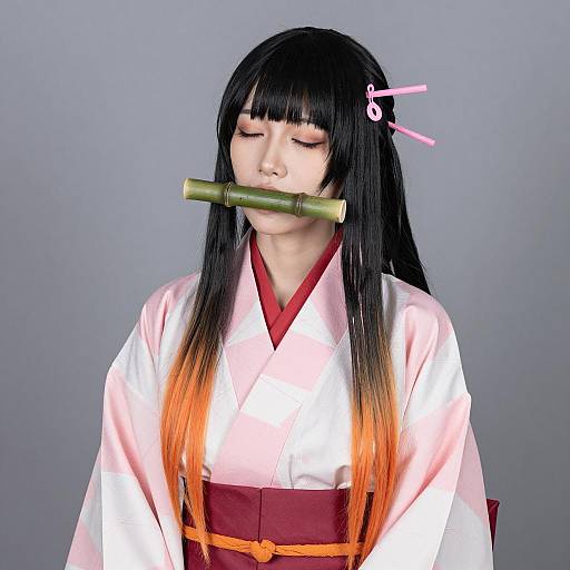 Woman Cosplaying in Kimono with Bamboo Stick