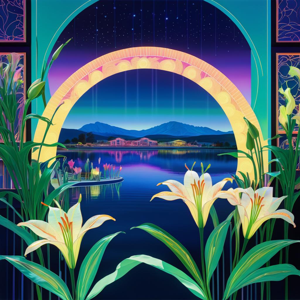 Lunar Lilies Amidst Circuitry and Aurora